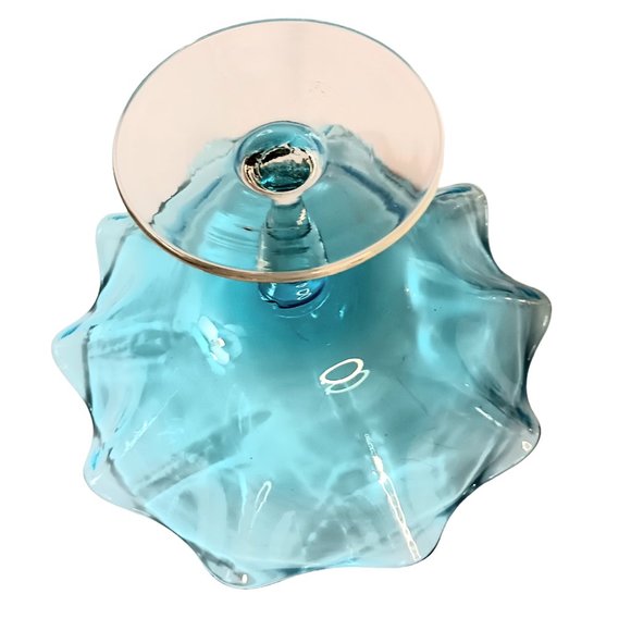 Blue Glass Hand Blown Ruffled Candy Compote Dish Clear Stem Mid-century Modern - Picture 5 of 12